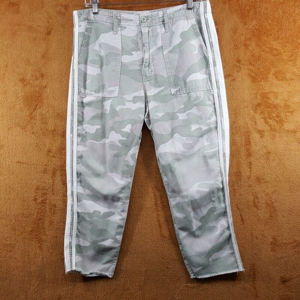 MOTHER Jeans Womens Size 31 Green Camo Stripe Linen Blend SHAKER CHOP CROP FRAY